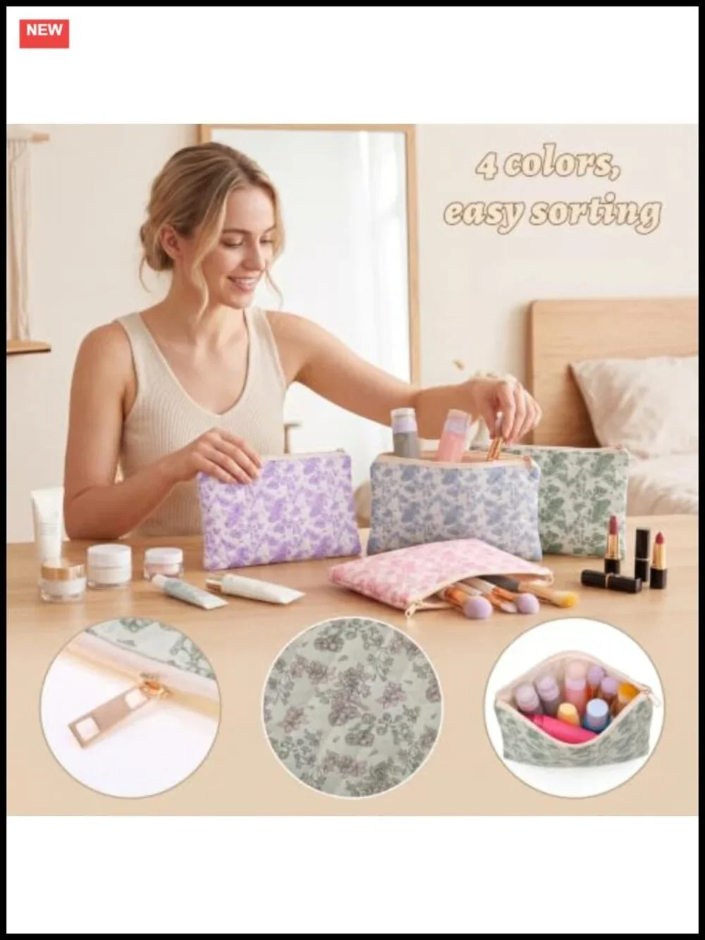 Floral Cotton Cosmetic Bags 4-Pack - Makeup Pouches Travel Organizer